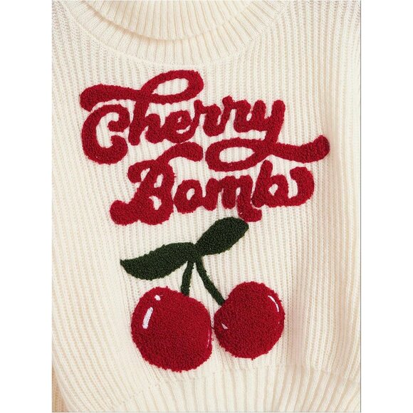 Women's Cherry Embroidered Turtleneck Sweater Knit Long Sleeve Top Casual - Picture 3 of 5